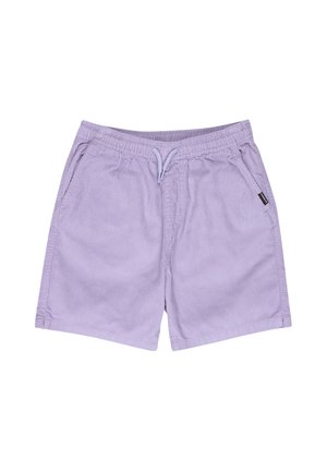 Pantaloncini in velluto a coste lilla con vita elastica, coulisse e tasche laterali. Presentano sottili righe verticali e una piccola etichetta con il logo.