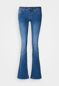 Kék farmer bővülő szárakkal, középmagas derékkal, kontrasztos varrással és klasszikus, öt zsebes kialakítással. Lágy tapintású, enyhén kifakult az elülső részen.