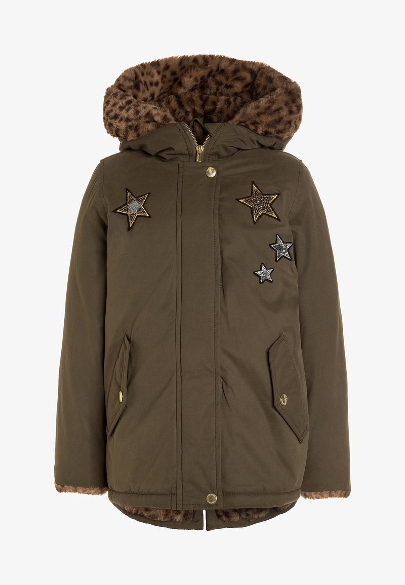Veste d'hiver kaki à capuche avec doublure en fausse fourrure imprimé léopard et patchs pailletés en forme d’étoiles sur la poitrine.