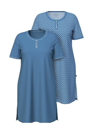 Due camicie da notte blu a maniche corte, una tinta unita con bordo decorato e bottoni, l'altra con un piccolo motivo geometrico bianco su tutta la superficie.