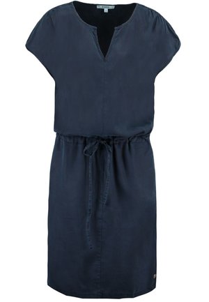 Vestido casual azul marino de manga corta con cuello en V y cinturón ajustable en la cintura, hasta la rodilla, hecho de tela ligera.