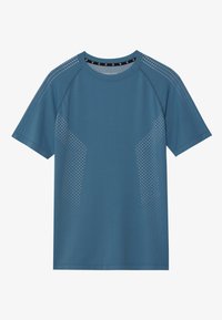 Short-sleeved athletic t-shirt in blue, featuring a smooth texture and dotted pattern accents on the shoulders for ventilation.