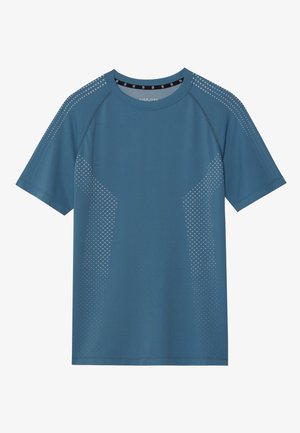 Short-sleeved athletic t-shirt in blue, featuring a smooth texture and dotted pattern accents on the shoulders for ventilation.