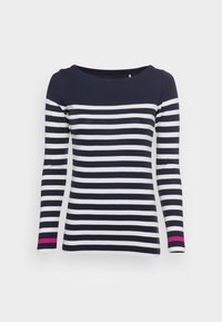 Marinblå och vit randig långärmad topp med en bred halsringning och fuchsia-accent vid ärmsluten. Slät bomullsmaterial.