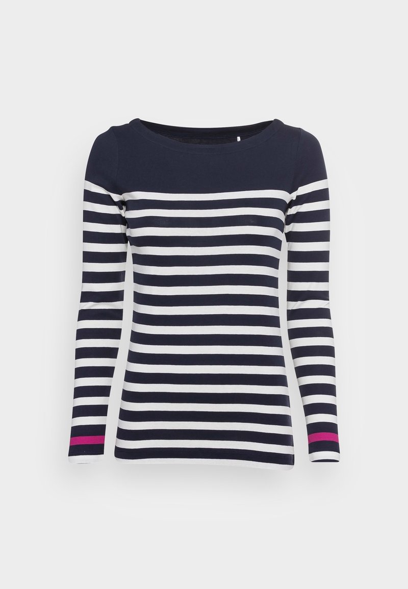 Marinblå och vit randig långärmad topp med en bred halsringning och fuchsia-accent vid ärmsluten. Slät bomullsmaterial.