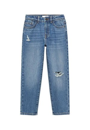 Jeans in denim azzurro chiaro con vita alta, gamba dritta e dettagli sfrangiati sul davanti. Presenta cinque tasche e chiusura con bottone.