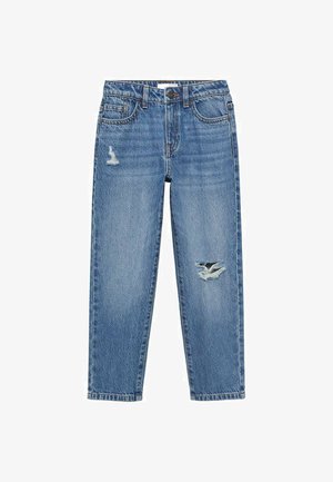 Jeans in denim azzurro chiaro con vita alta, gamba dritta e dettagli sfrangiati sul davanti. Presenta cinque tasche e chiusura con bottone.