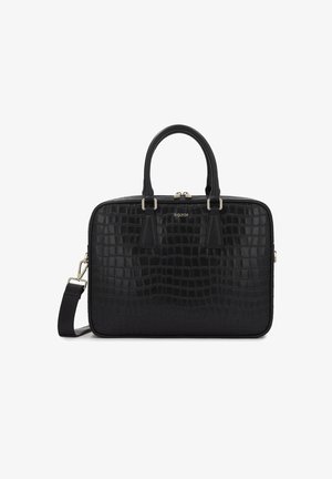 Melnas krokodila zīda ādas somas ar divām augšējām rokturiem, noņemamu plecu siksnu un zelta krāsas aparatūras detaļām.