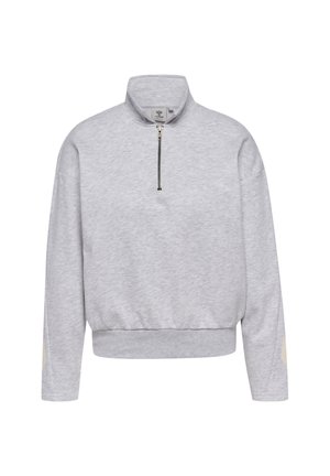 Lichtgrijze lange mouw sweatshirt met een opstaande kraag en een halve rits aan de voorkant in het midden, met geribde zoom en manchetten.