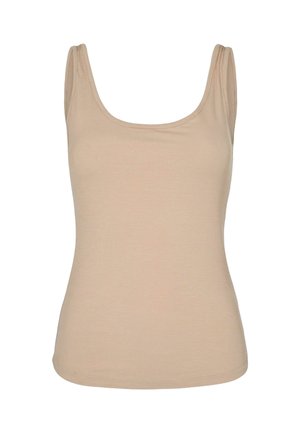 Top in maglia beige a costine con scollo rotondo e spalline sottili, caratterizzato da una forma aderente e una texture morbida. Senza fantasie né dettagli metallici.