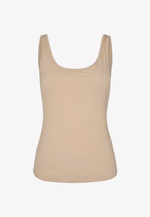 Beige bordázott ujjatlan felső, kerek nyakkivágással és keskeny pántokkal, testhez simuló fazonnal és puha textúrával. Nincsenek minták vagy hardverek.