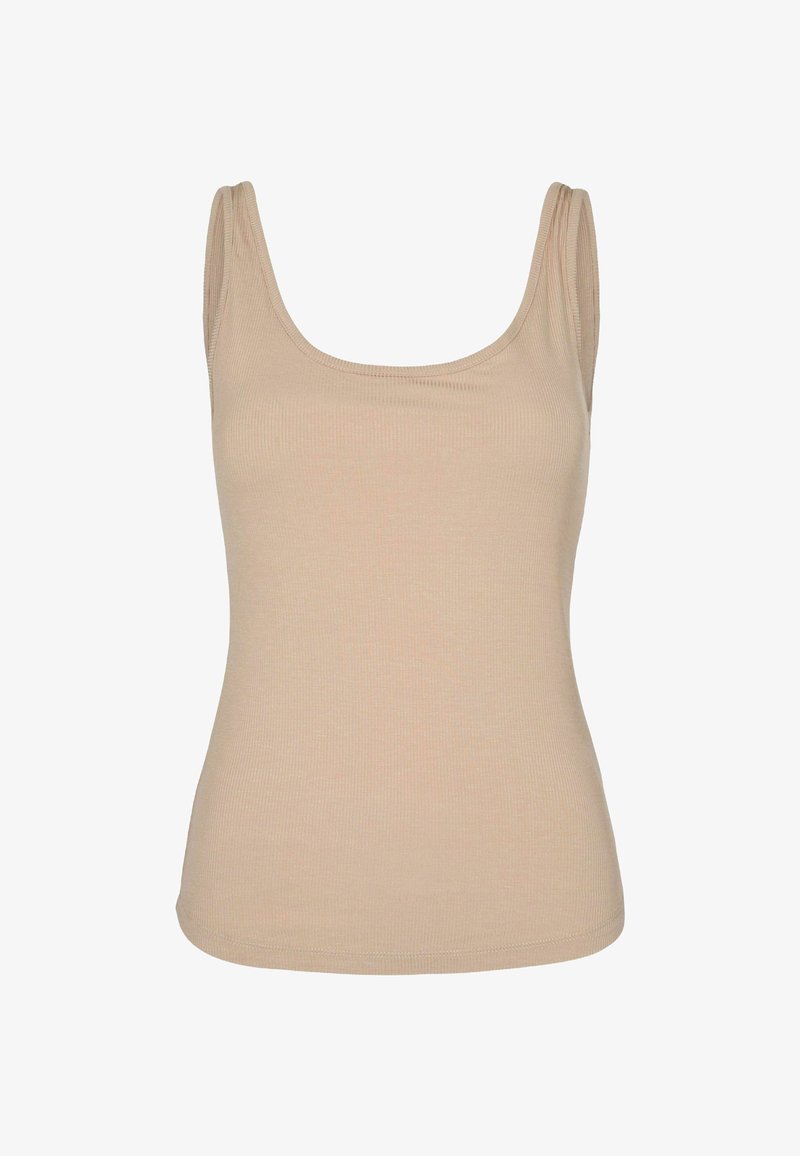 Top din bumbac bej, cu dungi, cu decolteu rotund și bretele înguste, având o formă ajustată și o textură moale. Fără tipare sau accesorii.