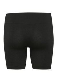 Zwarte, figuurvormende shorts met een gladde, rekbare textuur. Brede, elastische tailleband en naadloos ontwerp. Geen zichtbare patronen of hardware.