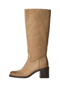 Tan suede knee-high boot with a square toe, block heel, and minimal stitching. The upper features a smooth, matte texture.
