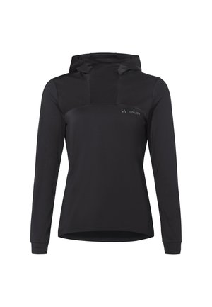 Zwarte lange mouwen hoodie gemaakt van lichtgewicht, elastisch materiaal. Beschikt over een voorpaneelontwerp en subtiele branding op de borst.