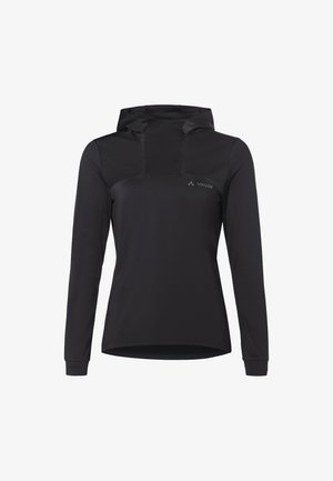 Zwarte lange mouwen hoodie gemaakt van lichtgewicht, elastisch materiaal. Beschikt over een voorpaneelontwerp en subtiele branding op de borst.