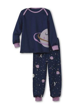 Marineblauw pyjamaset met een lange mouw top met een lachende planeetafbeelding. Broek versierd met hemelse patronen, waaronder maan en sterren.