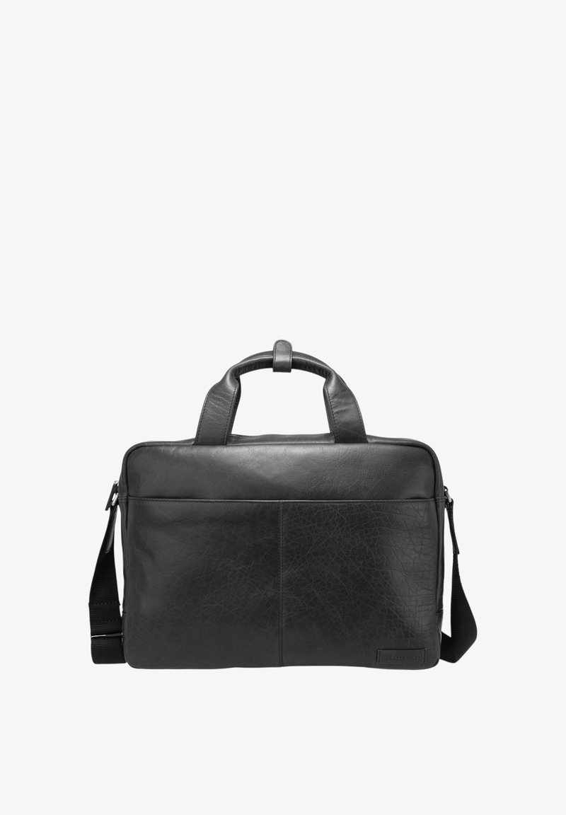 Black leather laptop bag with textured surface, dual top handles, removable shoulder strap, zip closure, and front pocket.
