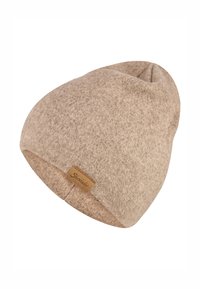 Beige wool beanie with a soft, textured finish. Features a small brown leather label sewn on the side. Classic, rounded shape.