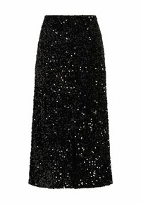 Jupe noire en sequins avec un design droit, à longueur genou, comportant une légère fente à l'avant. La texture brillante accentue l'attrait visuel.