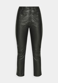 Svarta läderbyxor med en slät yta, smal passform, femficksdesign och enkel knappstängning i midjan.