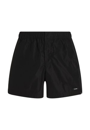 Zwarte zwembroek met een elastische tailleband, een gladde waterafstotende stof en een klein logo-accent aan de onderzijde rechts.