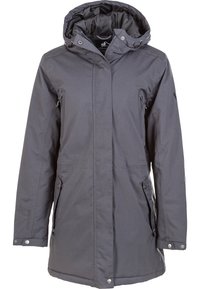 Manteau long gris avec capuche, fabriqué en tissu lisse et résistant à l'eau. Dispose de zips latéraux, de boutons-pression et de poignets élastiques pour un ajustement sécurisé.
