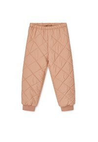 Light pink, quilted pants, featuring a diamond pattern, elastic waistband, and ribbed ankle cuffs. Soft, padded material for warmth.