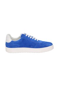 Blaue Wildledersneaker mit weißen Lederakzenten, runder Zehenform, Schnürdesign, strukturiertem Obermaterial und weißer Gummisohle.