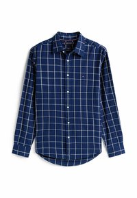 Camisa de manga larga azul marino con un patrón de cuadrícula blanca y botones blancos, cuello con solapa, y pequeño logotipo en el lado izquierdo del pecho.