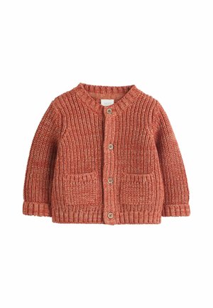Rust-orange knitted baby cardigan with long sleeves, button front closure, two front pockets, and ribbed collar and cuffs.