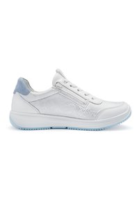 White low-top sneaker with laces, side zipper, textured pattern, light blue heel patch, and light blue rubber sole.
