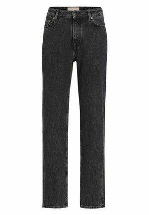 High-waisted black denim jeans with a straight leg cut, five-pocket design, and contrasting stitching. Fabric has a textured finish.