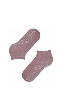 Roze enkelkousen met een geschulpte rand, voorzien van lichtblauwe bladborduursels aan de zijkant. Gemaakt van een zachte, gestructureerde stof.