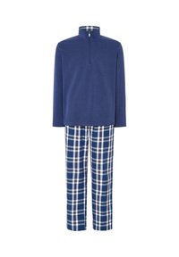 Sudadera de forro polar azul con cuello de media cremallera y pantalones de pijama a cuadros en azul marino, blanco y rojo, con un corte cuadrado y un ajuste relajado.