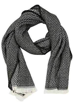 Écharpe tissée noir et blanc avec un petit motif à carreaux et des bords blancs frangés, pliée légèrement.