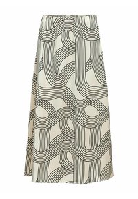 Cremefarvet nederdel med et sort abstrakt bølget mønster. Elastisk talje, ankel-længde design, glat tekstur, falder blødt.