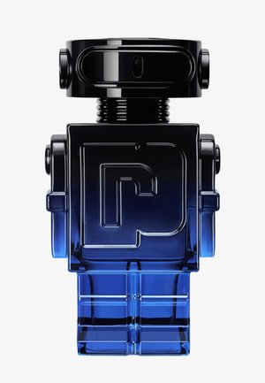 Glossy black and blue glass robot-shaped bottle with a square body featuring a raised letter "D" on the chest.