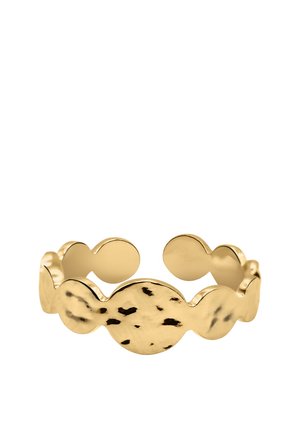 Bague ouverte ton or avec une texture martelée, comprenant des formes circulaires grandes et petites alternées tout le long du bracelet.