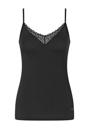 Schwarzes ärmelloses Camisole mit dünnen Trägern und V-Ausschnitt, verziert mit schwarzer Spitzenborte.