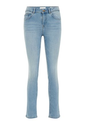 Jean skinny en denim bleu clair avec une taille mi-haute, cinq poches et une fermeture à bouton. Présente une texture lisse et un design minimaliste.