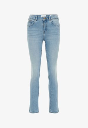 Jeans skinny di jeans blu chiaro con vita media, cinque tasche e chiusura a bottone. Caratterizzati da una trama liscia e un design minimalista.