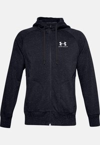 Felpa nera con zip, texture chiazzata, cappuccio e tasche frontali. Presenta il logo Under Armour sul lato sinistro del petto.