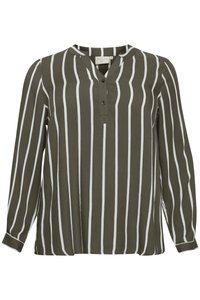 Blouse longue à manches longues vert olive foncé avec des rayures blanches verticales, dotée d'une patte de boutonnage partielle et d'une coupe décontractée. Texture lisse.