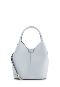 Sac à main en cuir bleu clair avec une forme structurée, une courte anse et une bandoulière amovible. Présente une texture lisse et un matériel minimal.