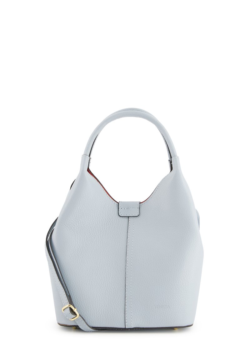 Sac à main en cuir bleu clair avec une forme structurée, une courte anse et une bandoulière amovible. Présente une texture lisse et un matériel minimal.