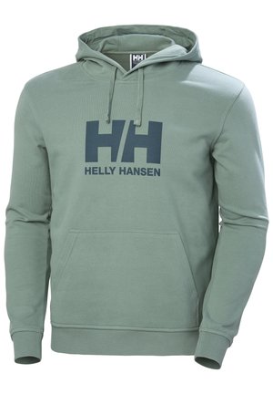 Sudadera verde claro hecha de una mezcla de algodón, con un bolsillo canguro en la parte frontal y un gran logo en azul marino que dice "HELLO HANSEN" en el pecho.