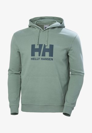 Light green hoodie made of cotton blend fabric, featuring a front kangaroo pocket and a large navy logo reading "HELLO HANSEN" on the chest.
