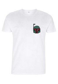 Hvid bomulds t-shirt med et grafisk motiv af en grå og rød hjelm med en lodret antenne på venstre brystområde.