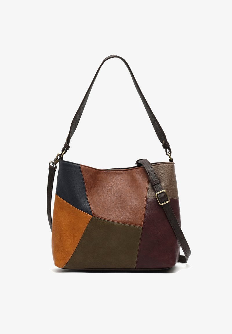 Krepšys ant peties iš odos su raštų dizainu rudos, tamsiai mėlynos, tan, alyvuogių ir burgundijos spalvų, su reguliuojamais tamsiai rudos spalvos diržais ir sagtimis.